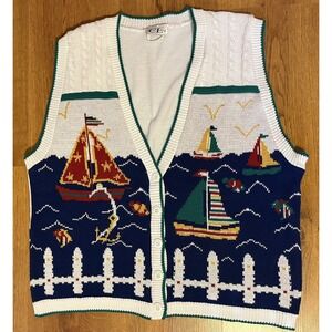 Vintage Sweater Vest Cricket Lane Button up Sailing Sailboats Ocean Nautical M